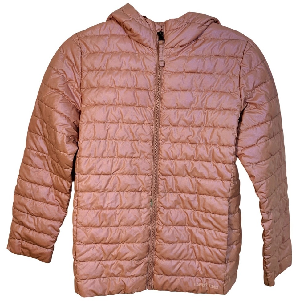 Lands End Kids Girl Puffer Jacket L/10-12 Pastel Pink Zip Hooded Lightweight